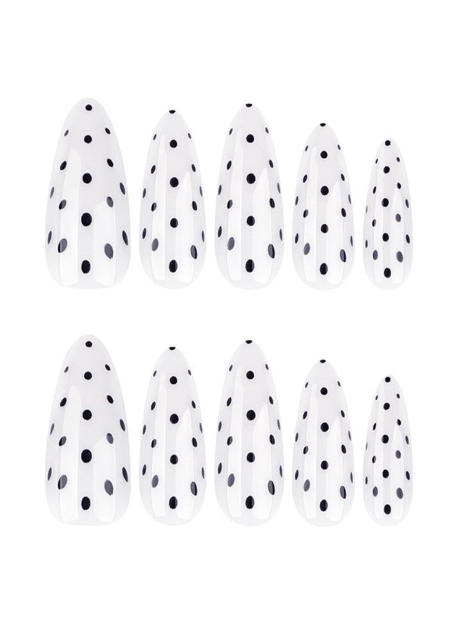 OSTTMA 24Pcs Polka Dot Press On Nails Almond Shape Fake Nails for Women, Glossy Acrylic Nail with Black Dots Design, Medium Length Glue On Nails Reusable Stick on Nail for Daily Wear Party - Image 3